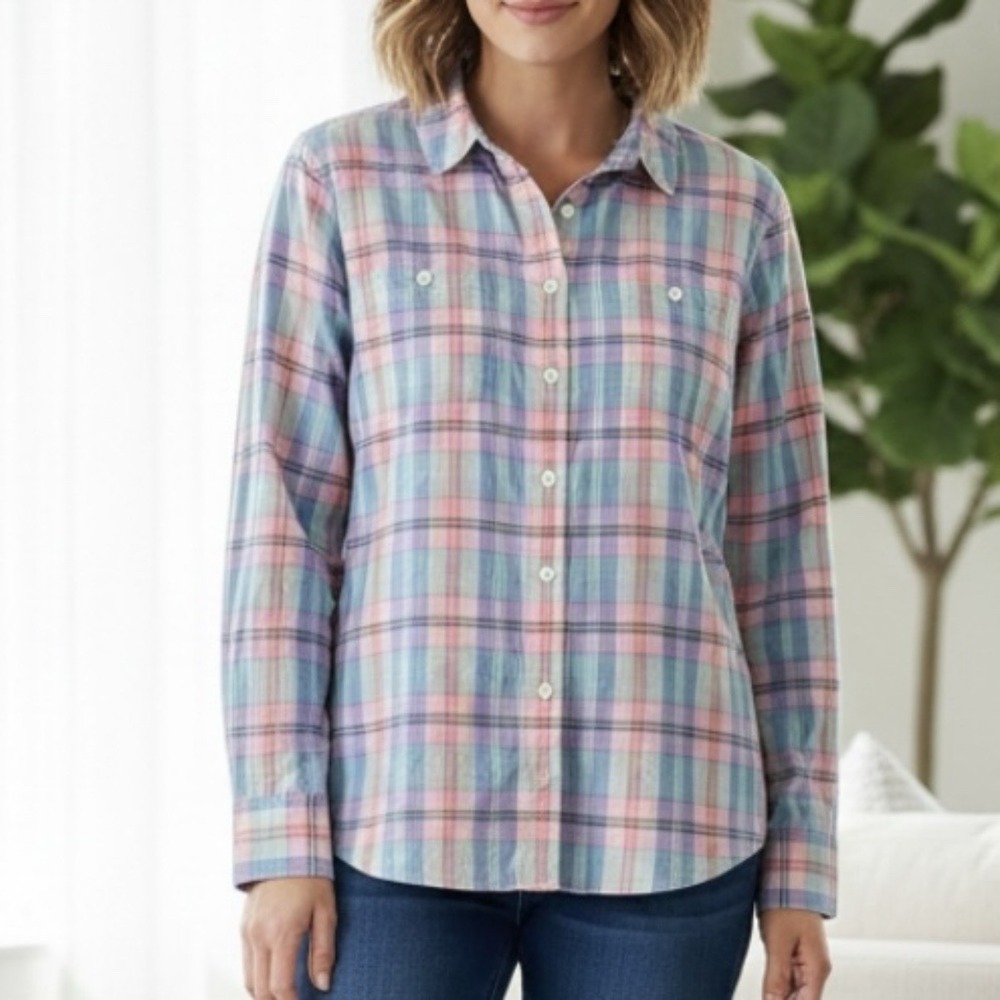 LL Bean Womens Colorful Plaid Madras Button Up Shirt Size LARGE - Picture 1 of 11